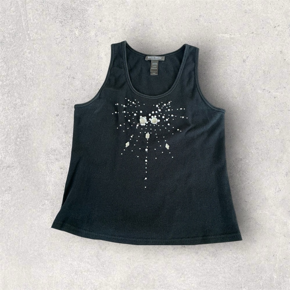 Bisou Bisou Vintage 90s Bling Out Women Black Tank Top with Silver Accents SZ XL